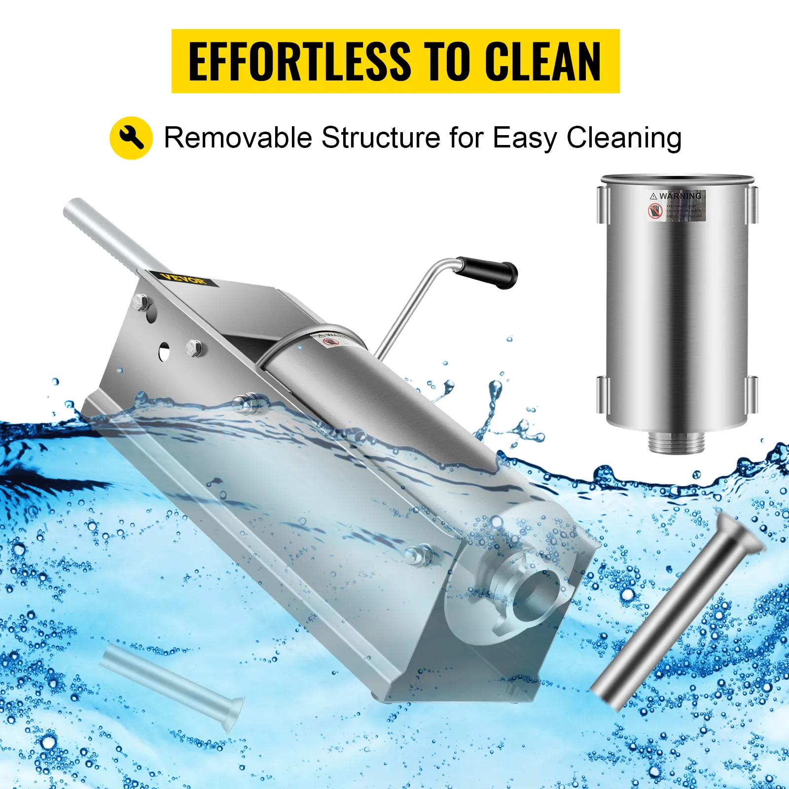 VEVOR sausage stuffer in water for easy cleaning, showcasing removable parts.