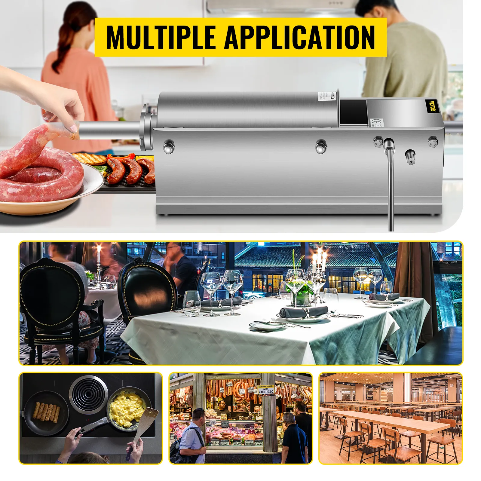 VEVOR sausage stuffer shown in various settings for versatile use.