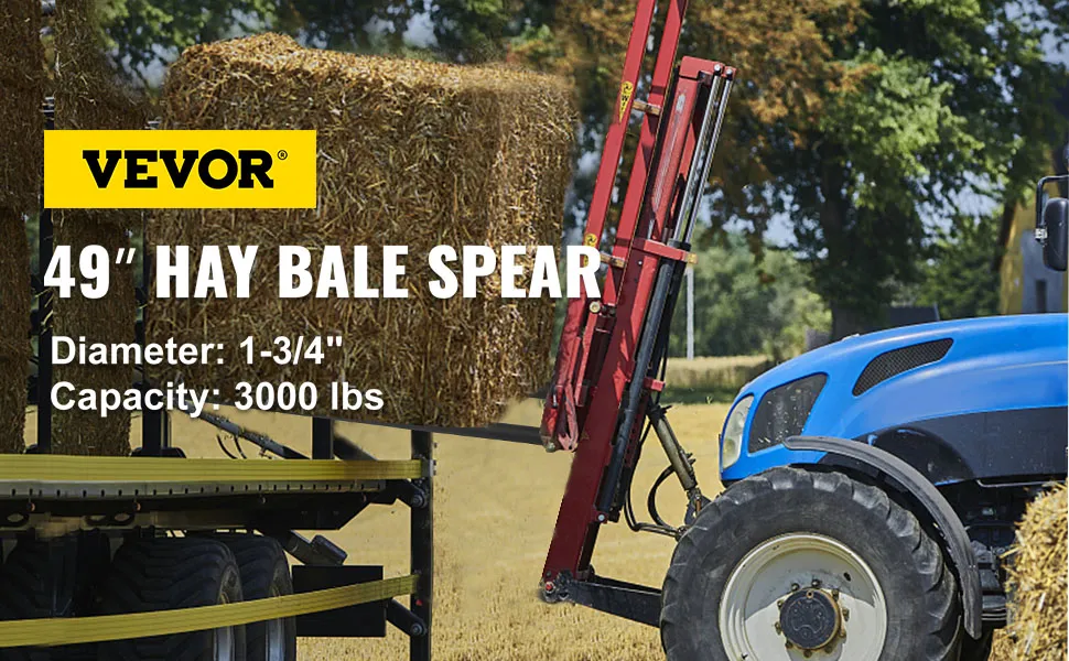 blue tractor lifting hay bale with VEVOR hay spears attachment.
