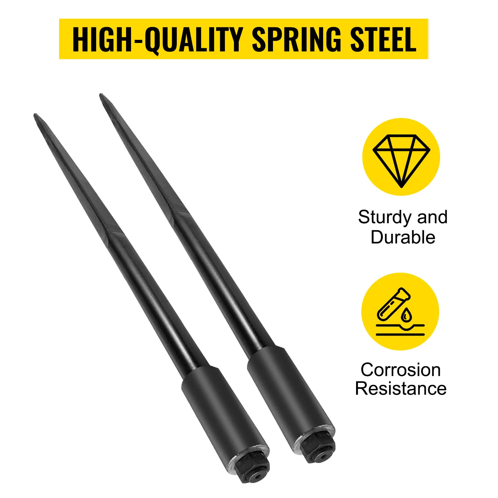 VEVOR hay spears made of high-quality spring steel; sturdy, durable, corrosion-resistant.