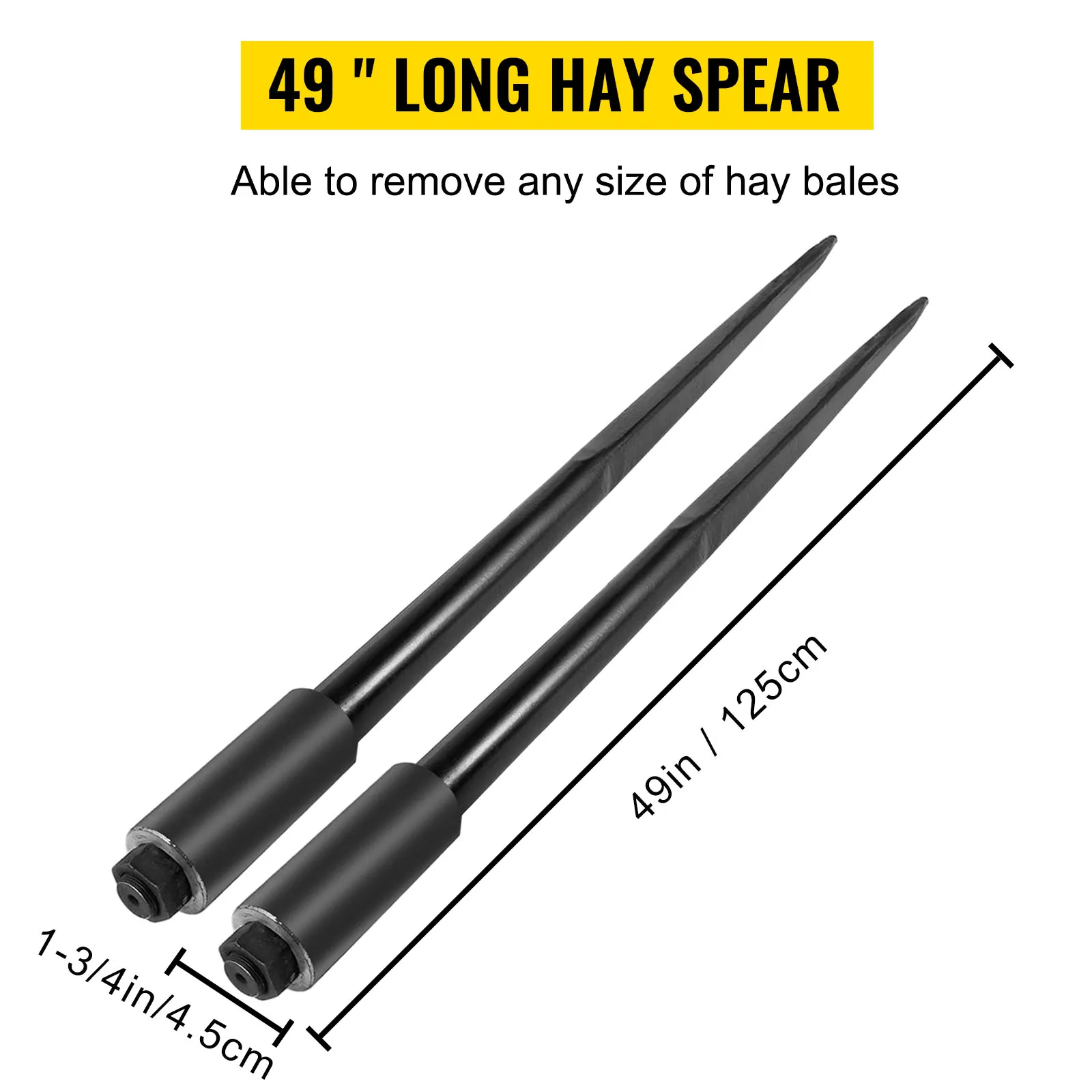 49" VEVOR hay spears, capable of lifting any size hay bales.