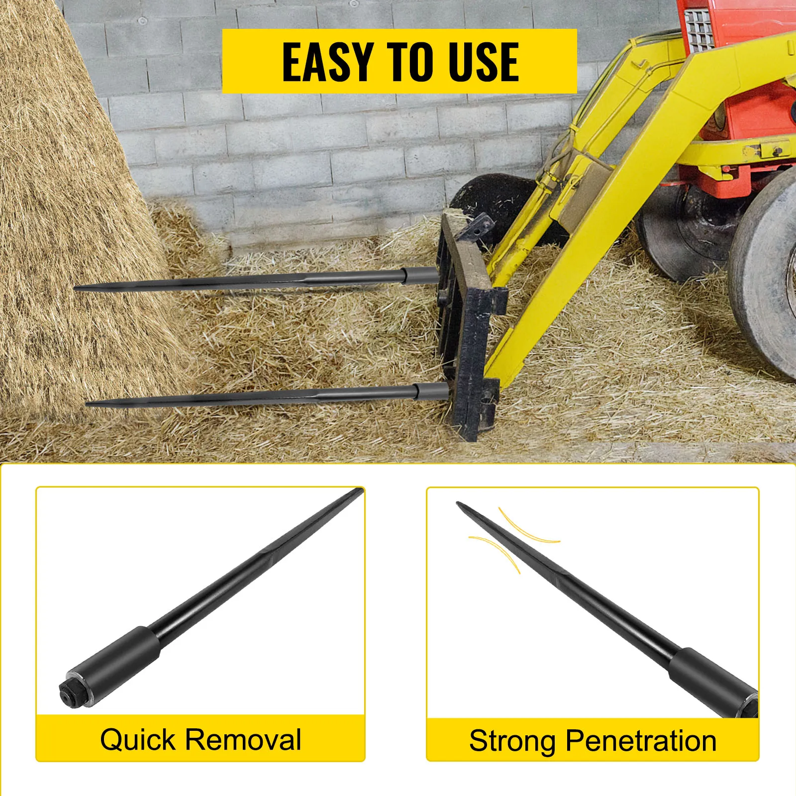 tractor with VEVOR hay spears lifting hay, showcasing quick removal and strong penetration.