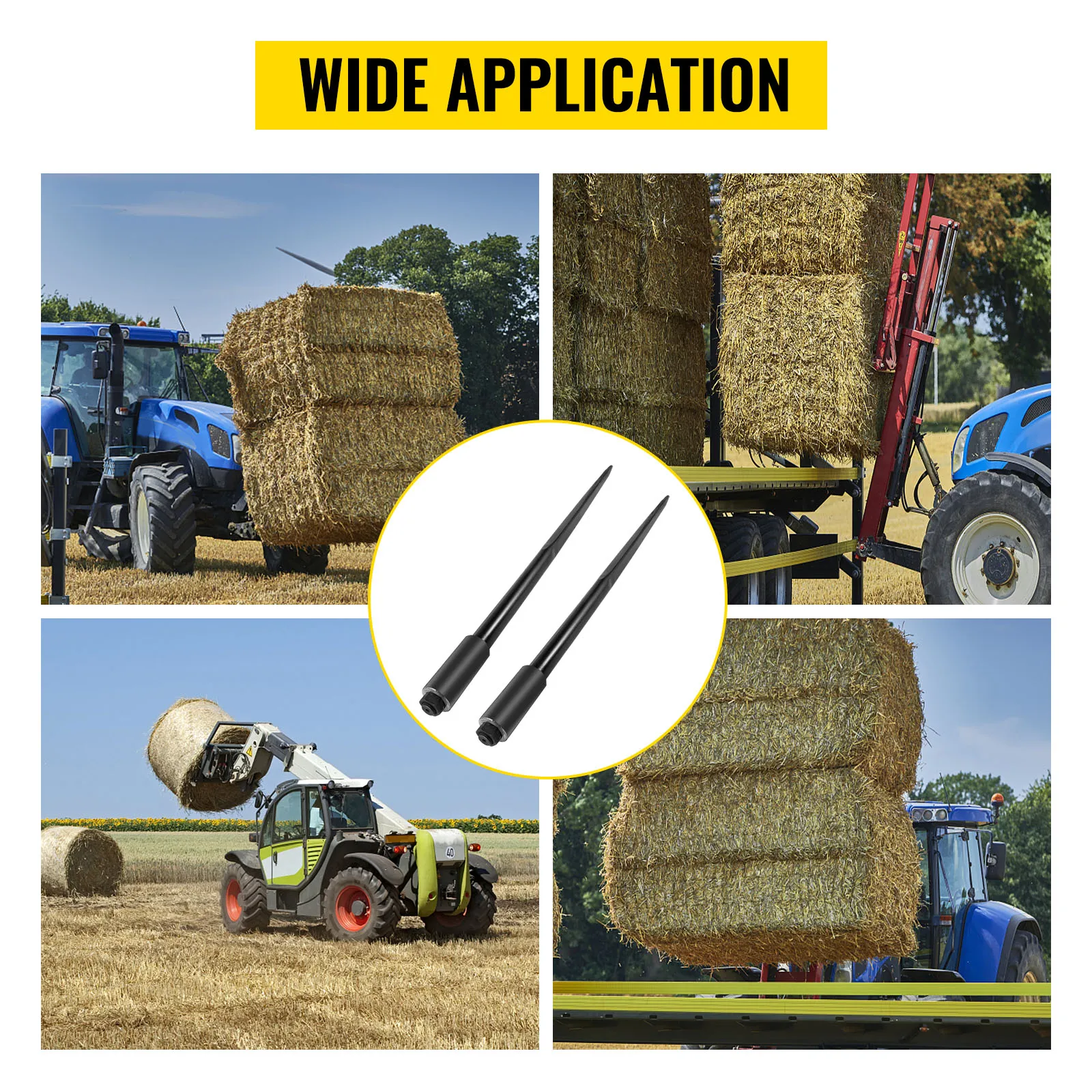VEVOR hay spears lifting large hay bales with tractors in a field. wide application.