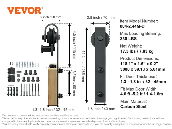 VEVOR sliding barn door hardware kit with screws, bolts, detailed measurements, and specifications.