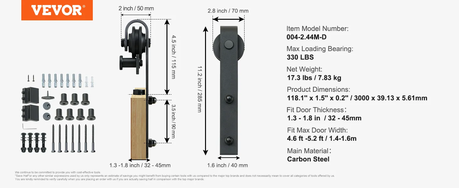 VEVOR sliding barn door hardware kit with screws, bolts, detailed measurements, and specifications.