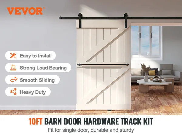 VEVOR sliding barn door hardware kit in use with 10ft track kit, easy installation, and durable design.