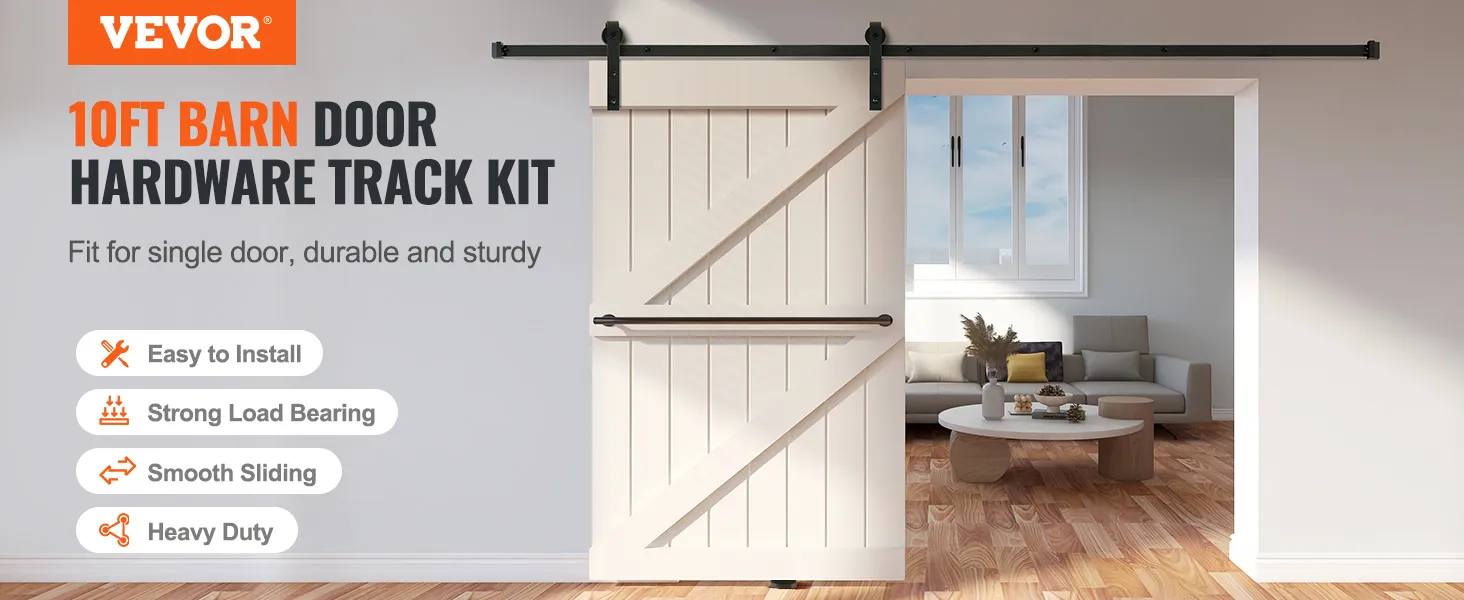 VEVOR sliding barn door hardware kit in use with 10ft track kit, easy installation, and durable design.