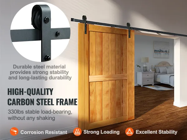 high-quality carbon steel frame VEVOR sliding barn door hardware kit, with durable 330lb load capacity.