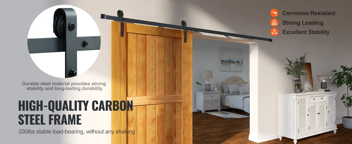 high-quality carbon steel frame VEVOR sliding barn door hardware kit, with durable 330lb load capacity.