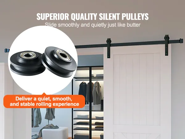superior quality silent pulleys of VEVOR sliding barn door hardware kit ensuring smooth and quiet operation.