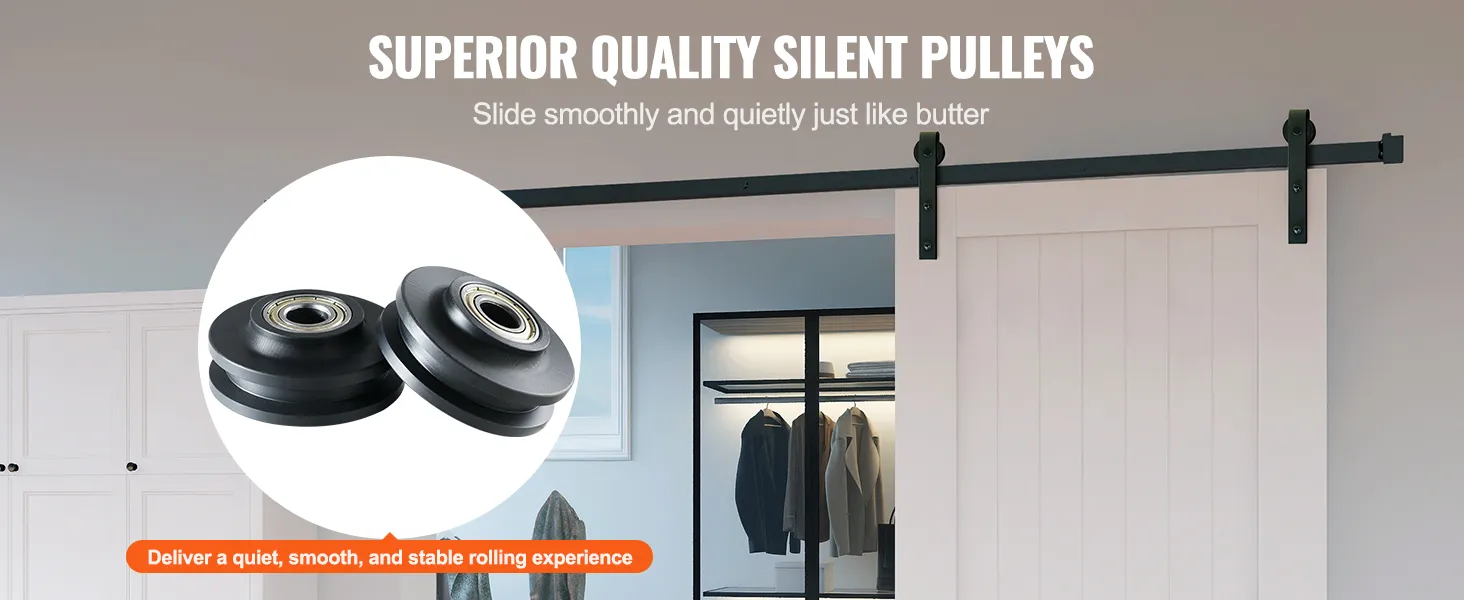 superior quality silent pulleys of VEVOR sliding barn door hardware kit ensuring smooth and quiet operation.