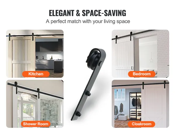 VEVOR sliding barn door hardware kit shown in kitchen, bedroom, shower room, and cloakroom settings.