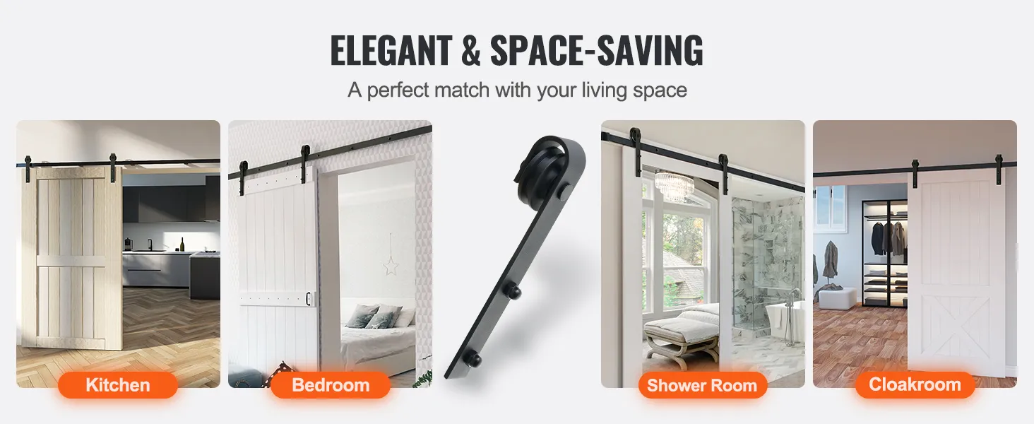 VEVOR sliding barn door hardware kit shown in kitchen, bedroom, shower room, and cloakroom settings.