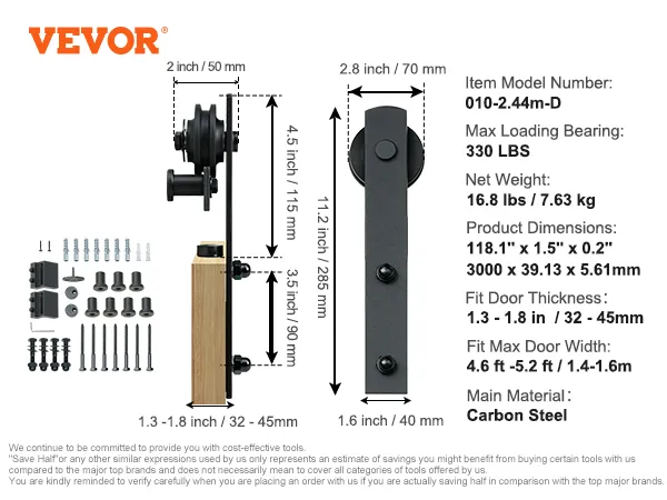 VEVOR sliding barn door hardware kit, black, main components and measurements shown, supports 330 lbs.
