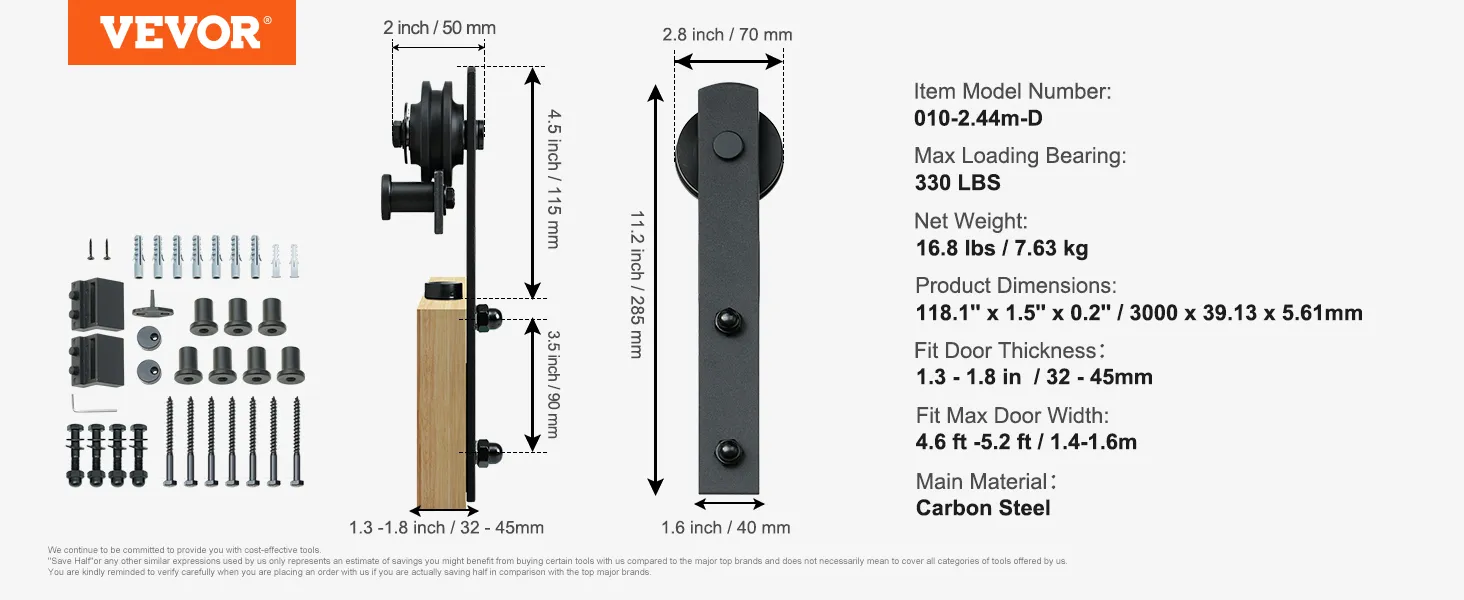 VEVOR sliding barn door hardware kit, black, main components and measurements shown, supports 330 lbs.