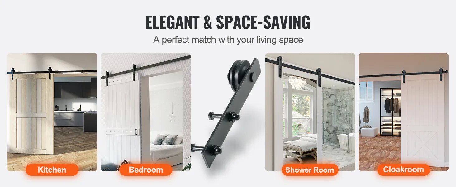 VEVOR sliding barn door hardware in kitchen, bedroom, shower room, and cloakroom, showcasing space-saving design.