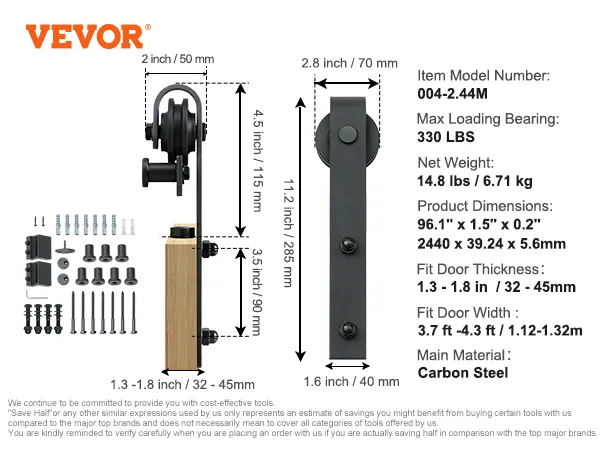 VEVOR sliding barn door hardware kit, 330 lbs load, 285mm roller, carbon steel, door thickness 1.3-1.8 in.