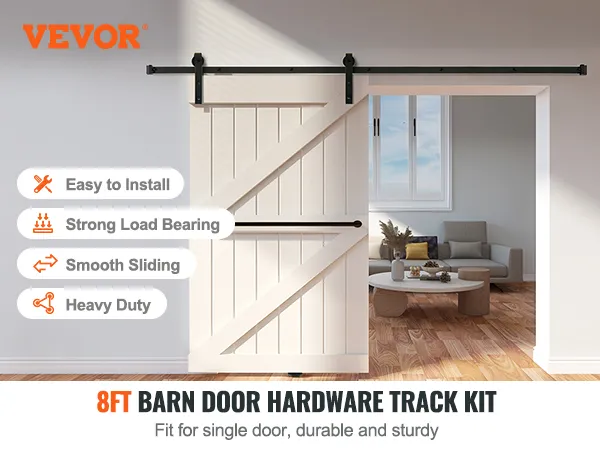 VEVOR sliding barn door hardware kit, 8ft, easy to install, strong, smooth sliding, heavy duty.