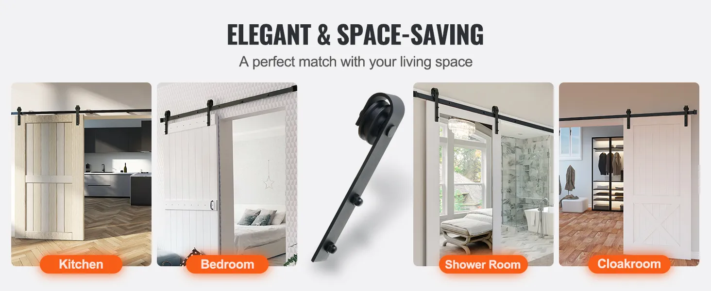 elegant VEVOR sliding barn door hardware kit installed in kitchen, bedroom, shower room, and cloakroom.