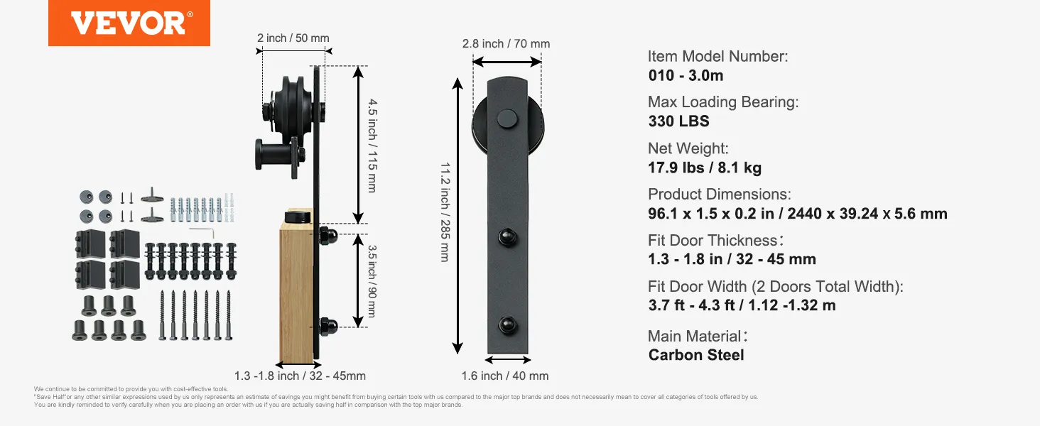 VEVOR sliding barn door hardware kit detailed with dimensions, materials, and specifications on a white background.