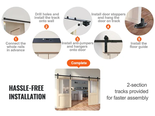 hassle-free installation steps for VEVOR sliding barn door hardware kit with illustrative visuals.