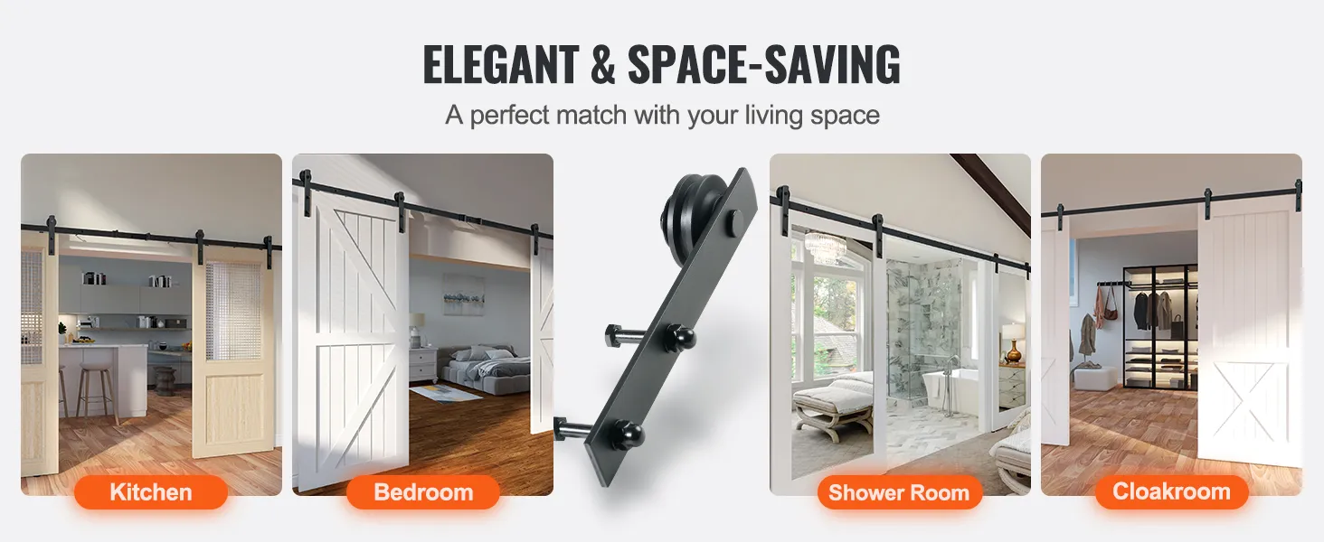 elegant and space-saving VEVOR sliding barn door hardware kit for kitchen, bedroom, shower room, and cloakroom.