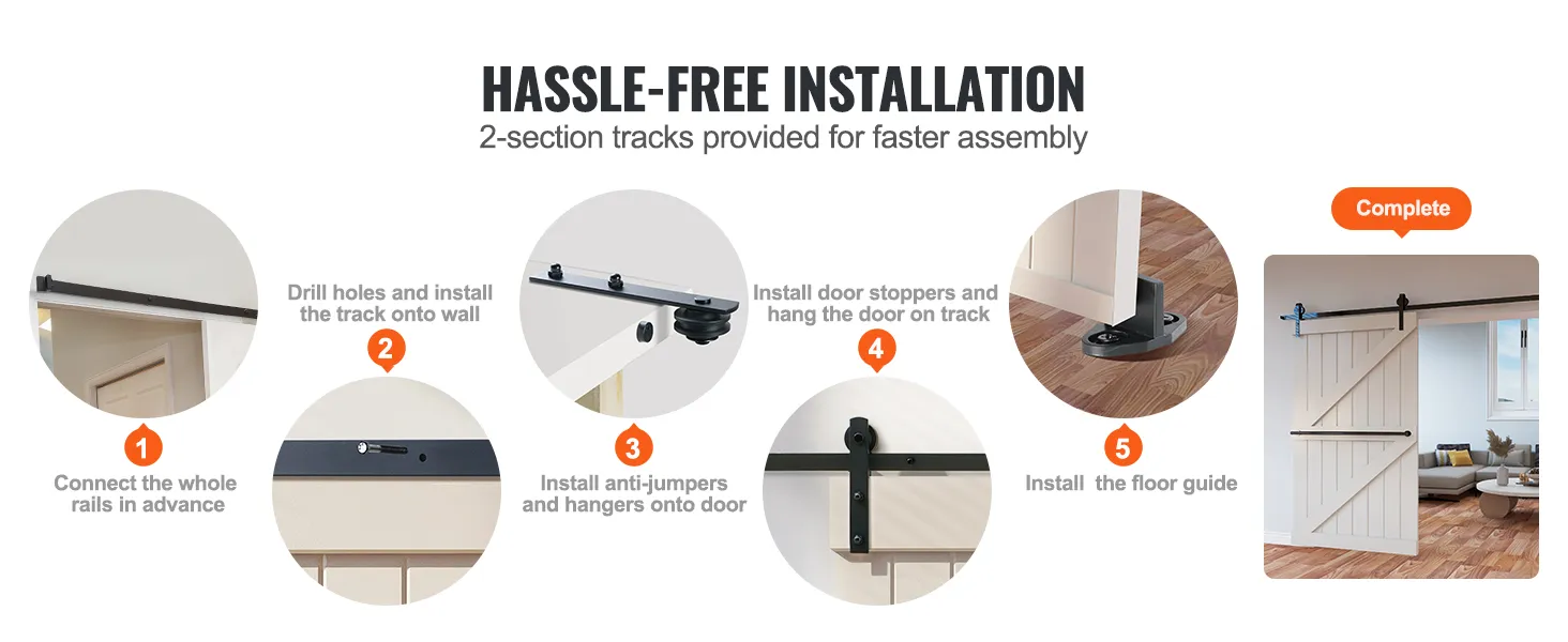 Fasi di installazione senza problemi per il kit di ferramenta per porte scorrevoli VEVOR con assemblaggio completo.