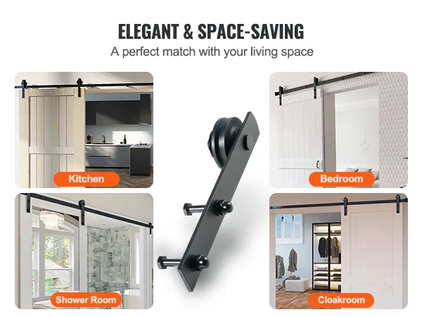 elegante kit di ferramenta per porte scorrevoli VEVOR in cucina, camera da letto, bagno con doccia e guardaroba.