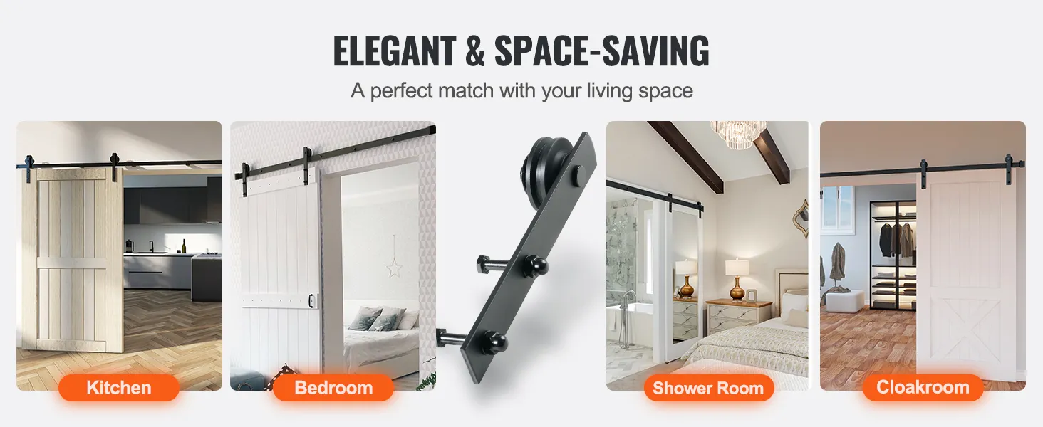 elegante kit di ferramenta per porte scorrevoli VEVOR in cucina, camera da letto, bagno con doccia e guardaroba.