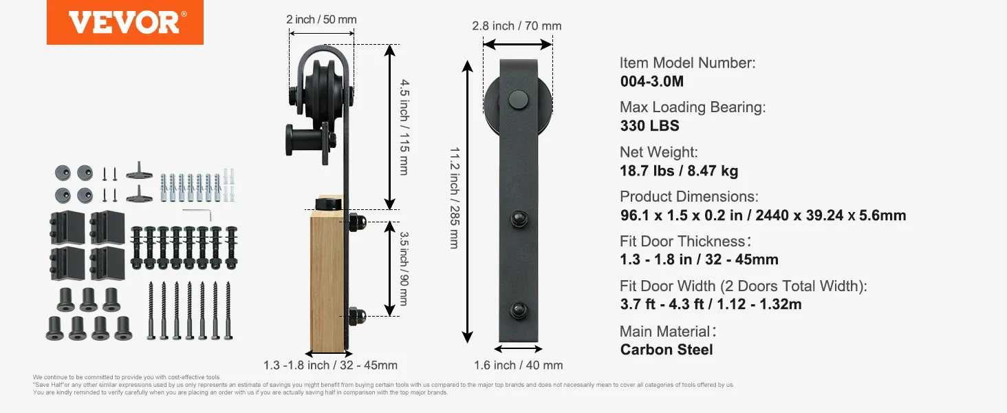 VEVOR sliding barn door hardware kit with dimensions and components detailed.