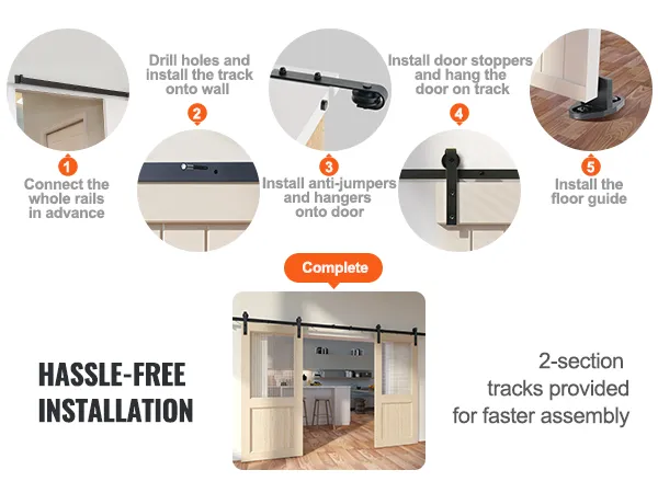 hassle-free installation steps for VEVOR sliding barn door hardware kit with complete assembly view.