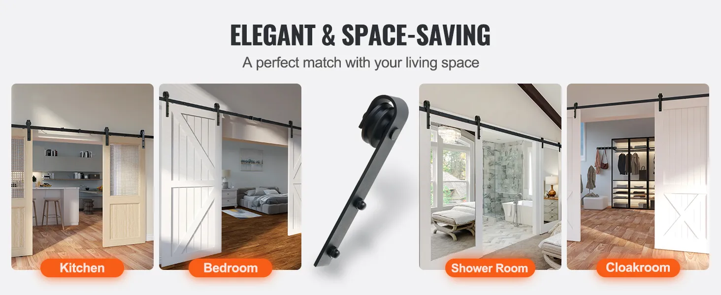 elegant and space-saving VEVOR sliding barn door hardware kit in kitchen, bedroom, shower room, cloakroom.