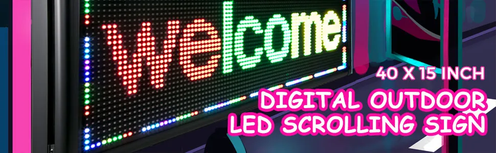 VEVOR led sign displaying "welcome," 40x15 inch digital outdoor led scrolling sign.