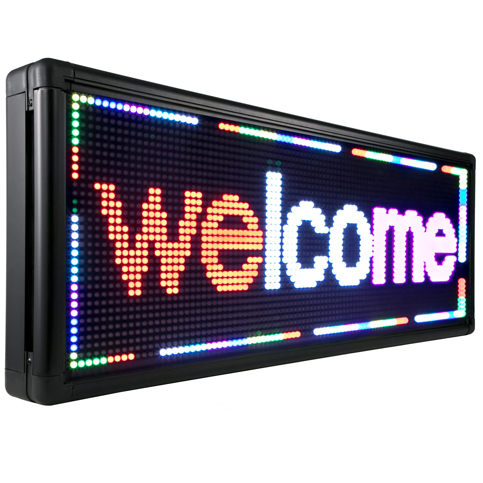VEVOR led sign displaying "welcome!" in vibrant colors.