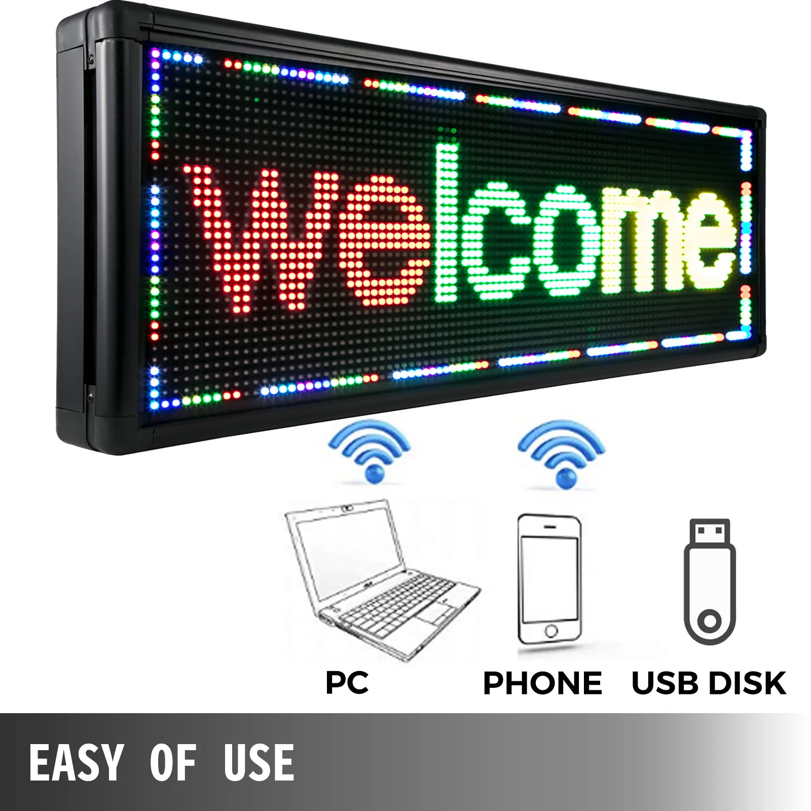 VEVOR led sign displaying "welcome" with pc, phone, and usb disk icons below.