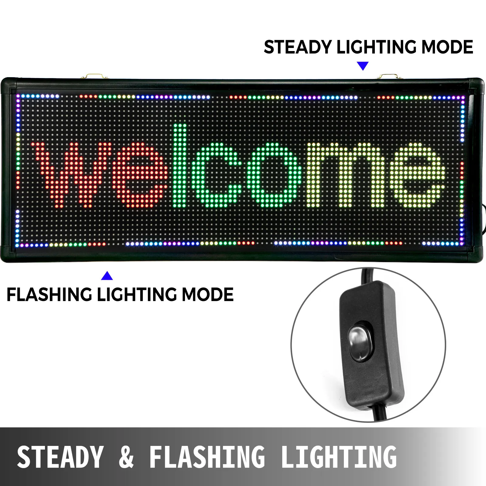 VEVOR led sign displaying "welcome" with steady and flashing lighting modes.