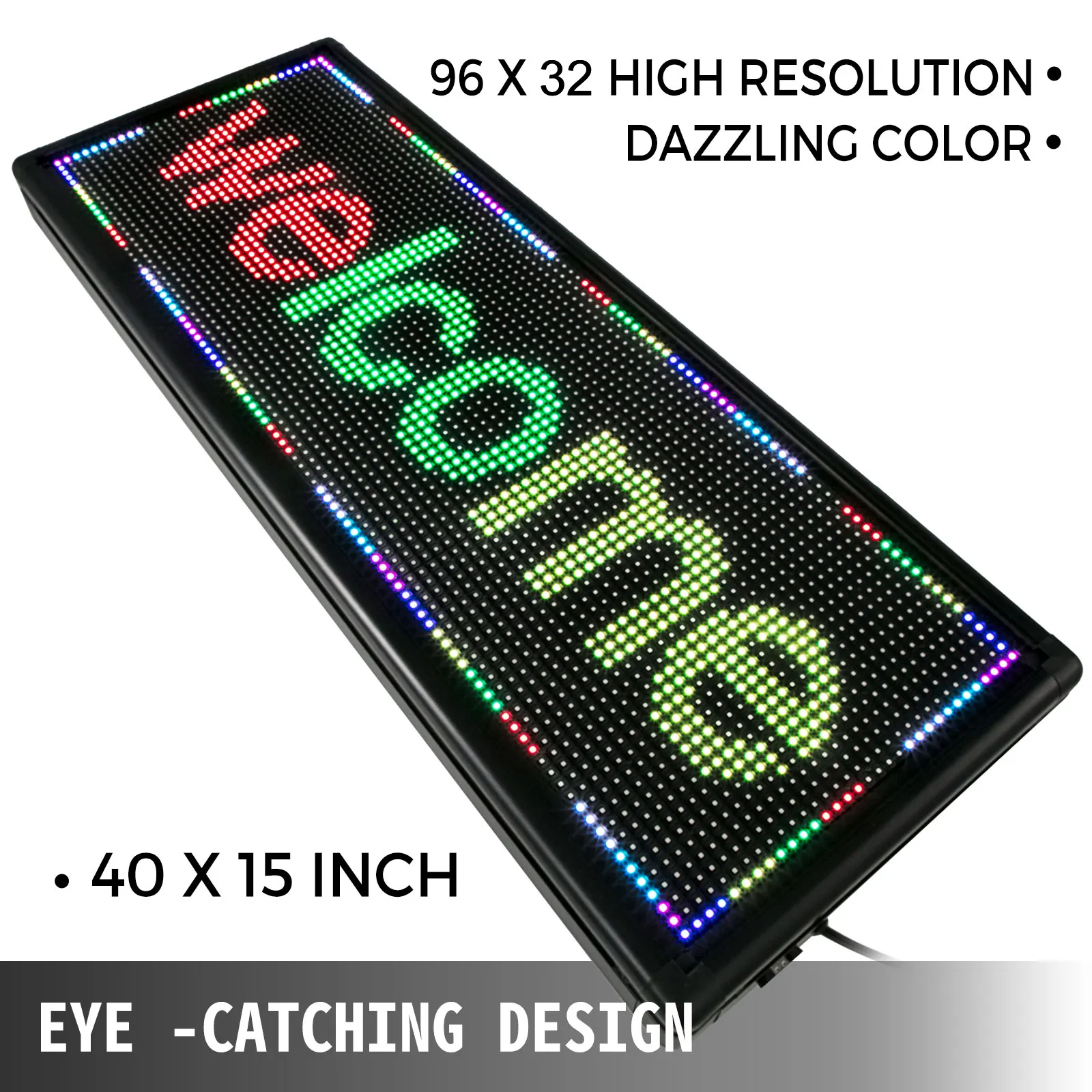 VEVOR led sign displaying "welcome" in vibrant colors, 40x15 inch, high resolution.