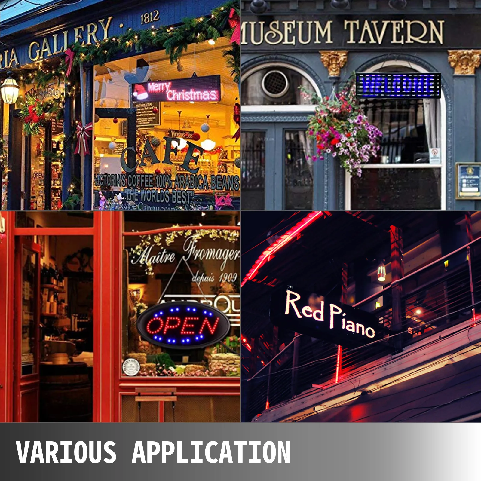 cafe, bar, and restaurant storefronts showcasing VEVOR led sign usage.