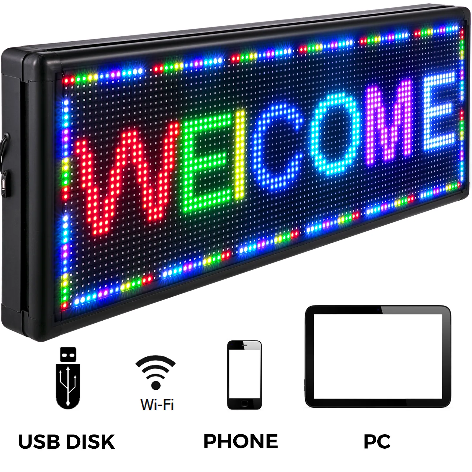 Letrero LED VEVOR con texto colorido "weicome", íconos de USB, wi-fi, teléfono y PC debajo.
