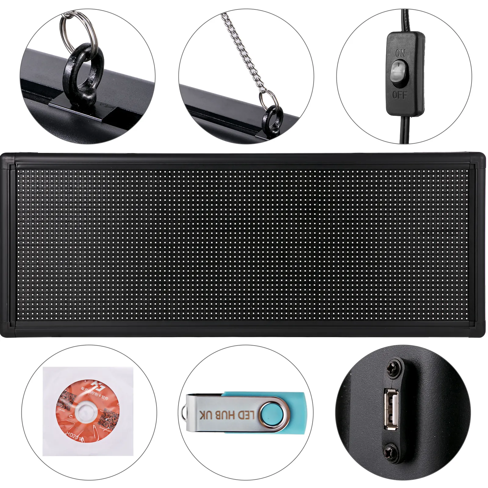 Letrero LED VEVOR con cadenas para colgar, interruptor de encendido, puerto USB y accesorios de configuración.