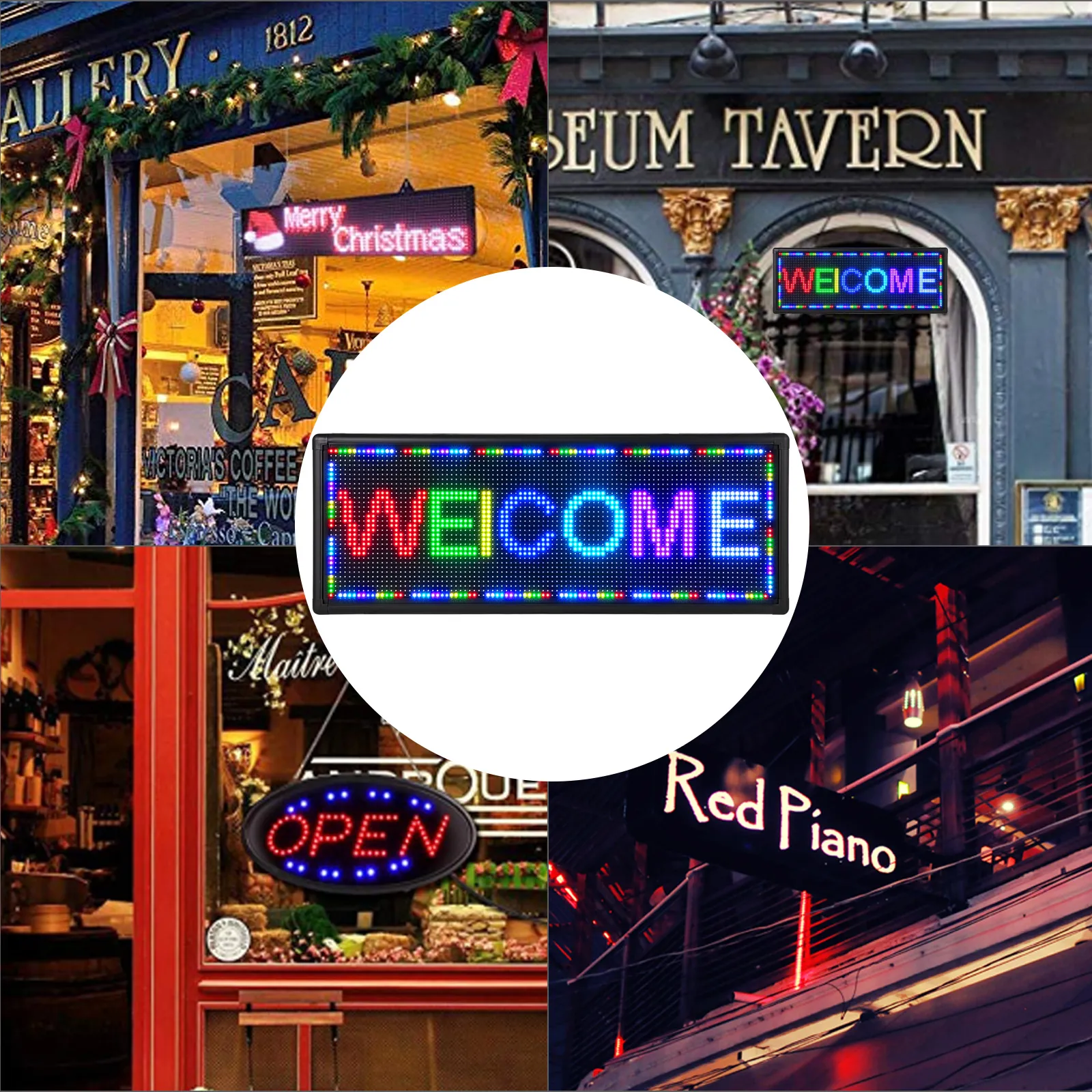 Letrero LED VEVOR que muestra mensajes coloridos en el exterior de varios negocios.