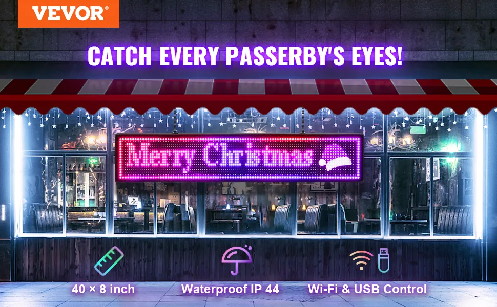 VEVOR led sign displaying "merry christmas" in front of a decorated store.
