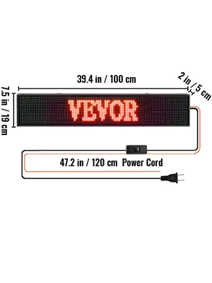 VEVOR led sign displaying red text, dimensions labeled, 47.2 in power cord.