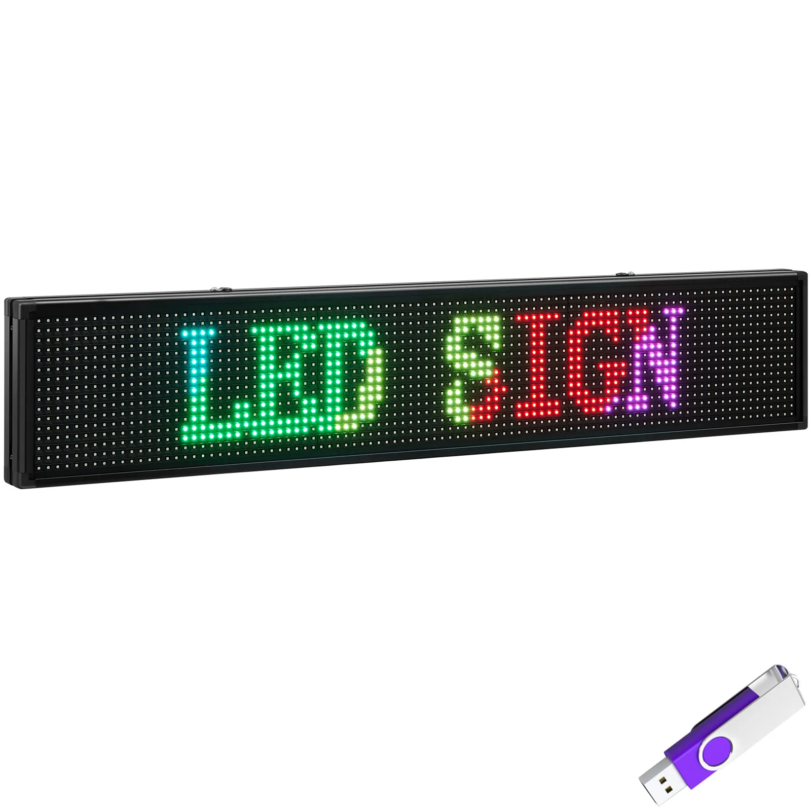 VEVOR led sign displaying colorful text with a usb drive nearby.