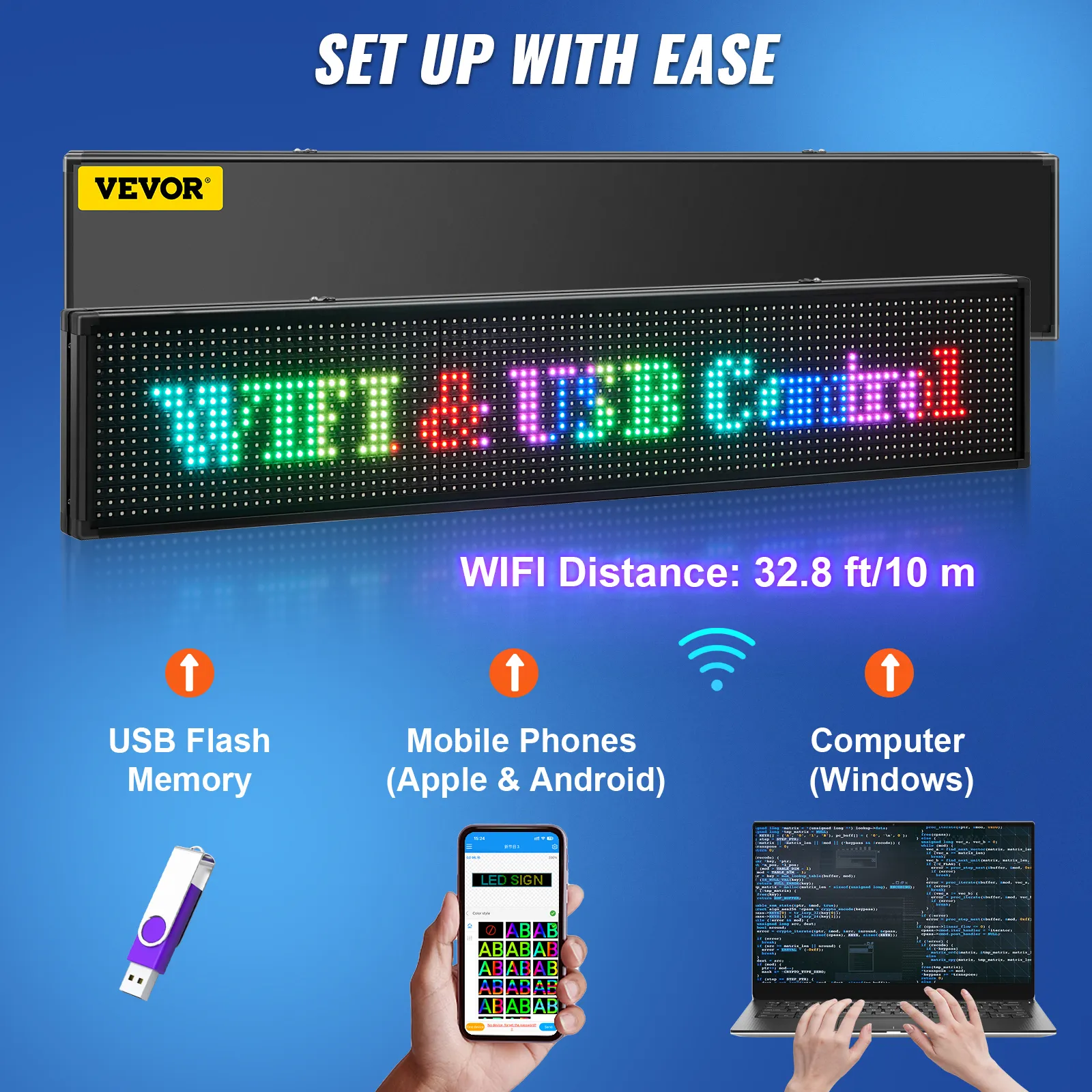 VEVOR led sign set up via wifi/usb; connect with usb flash, mobile, or computer.