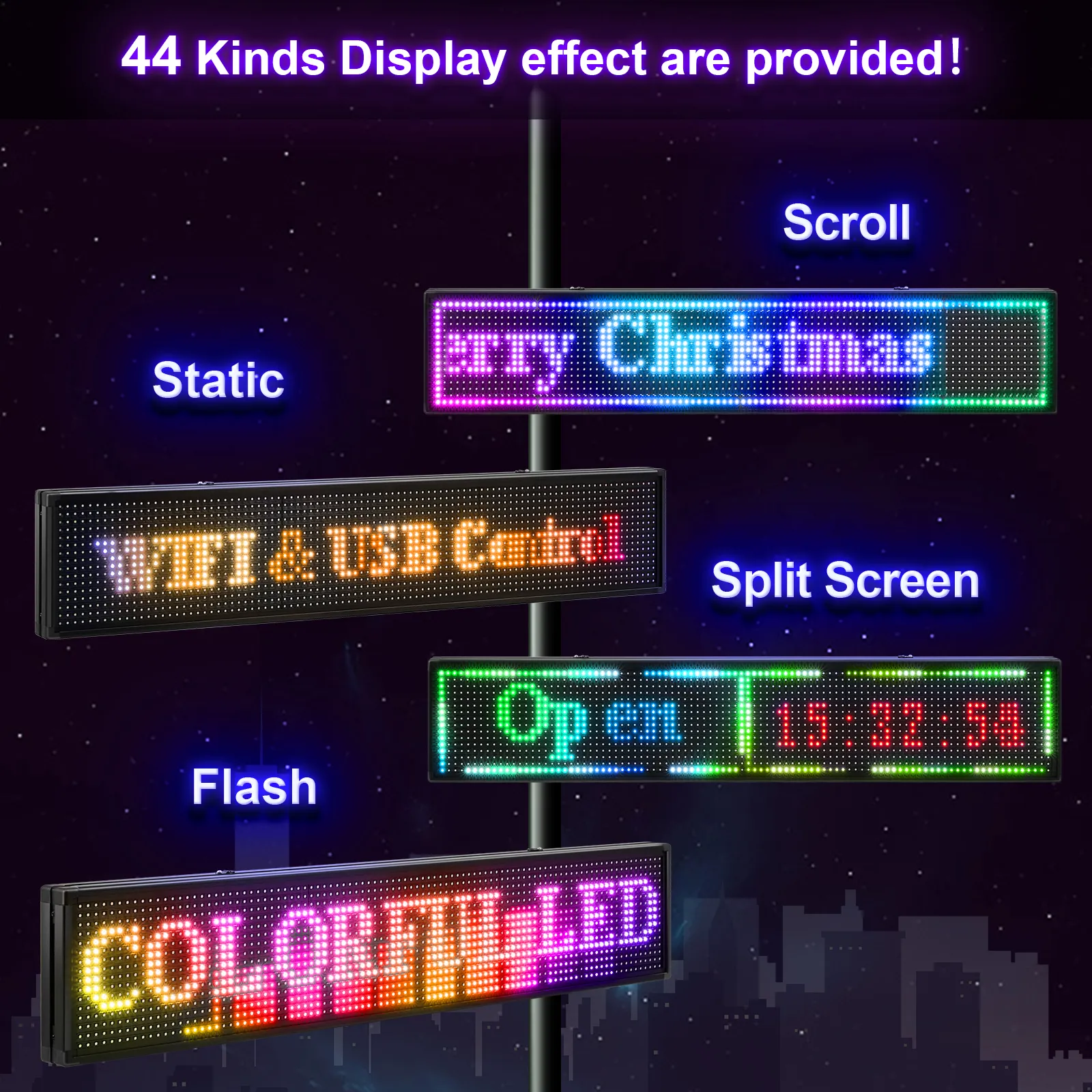 VEVOR led sign showcasing 44 display effects including static, scroll, flash, and split screen.