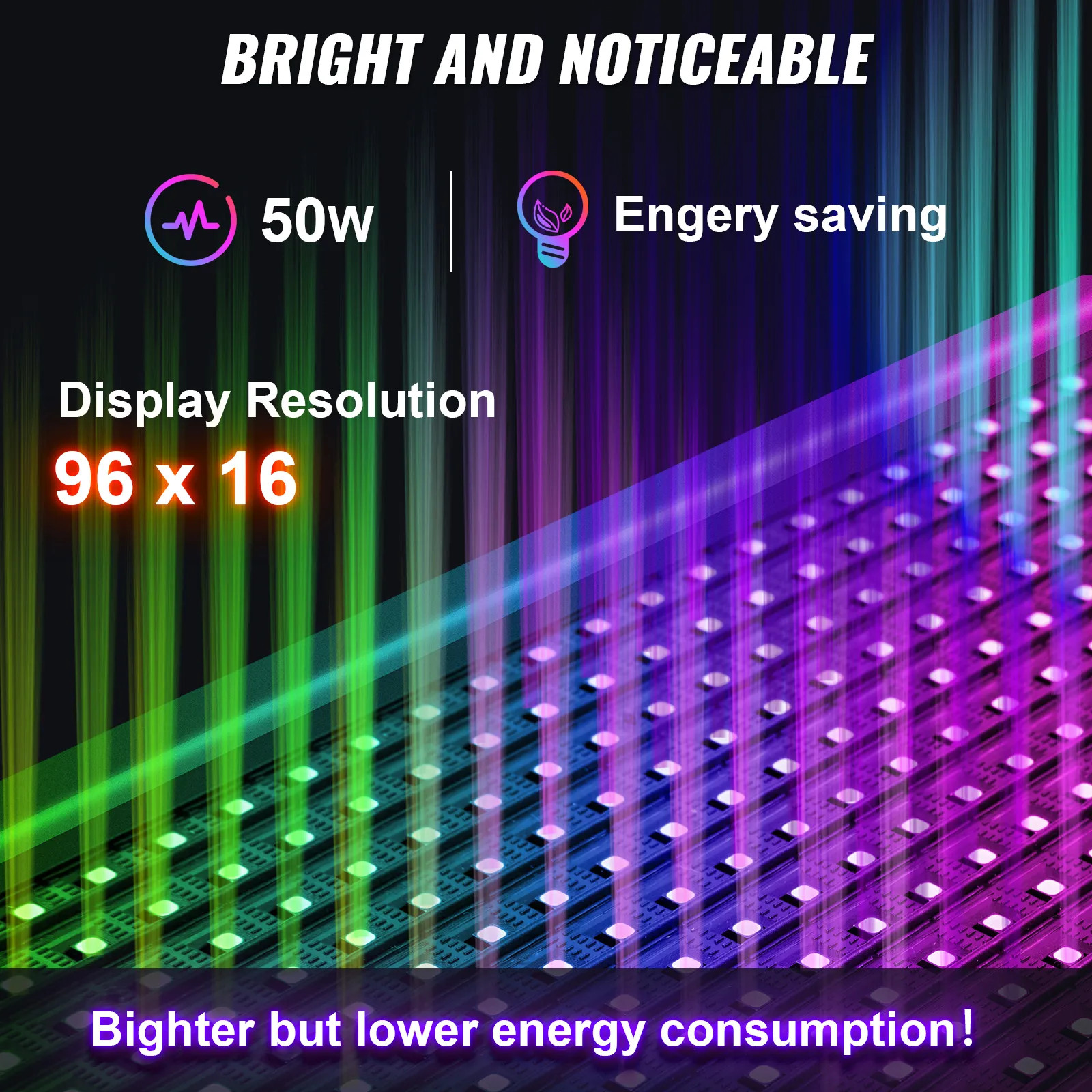 bright VEVOR led sign with 96x16 resolution, 50w power, and energy-saving feature.