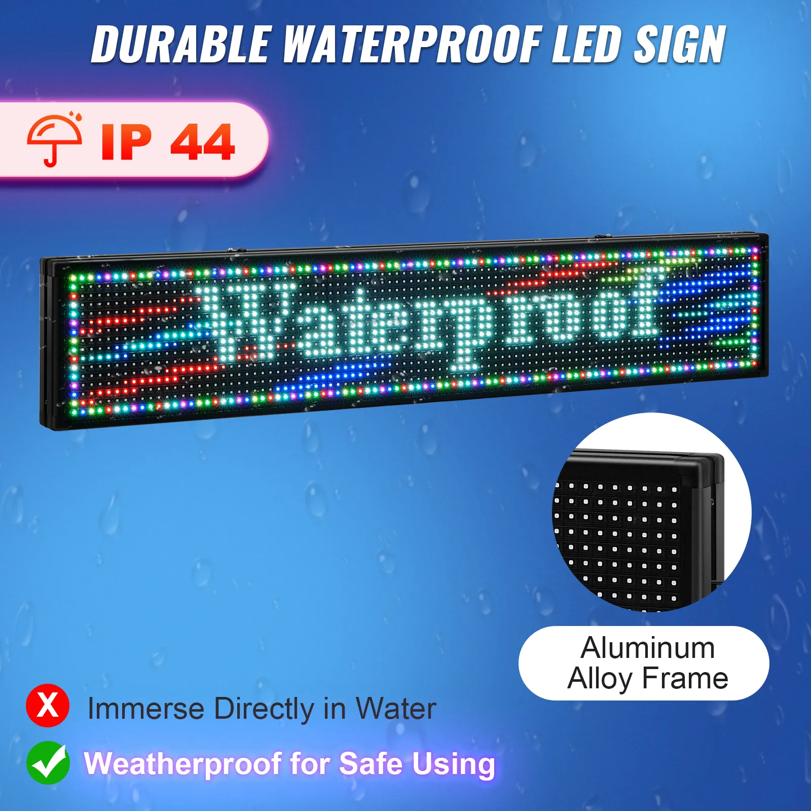 durable VEVOR led sign, ip44 waterproof, aluminum alloy frame, weatherproof for safe use.