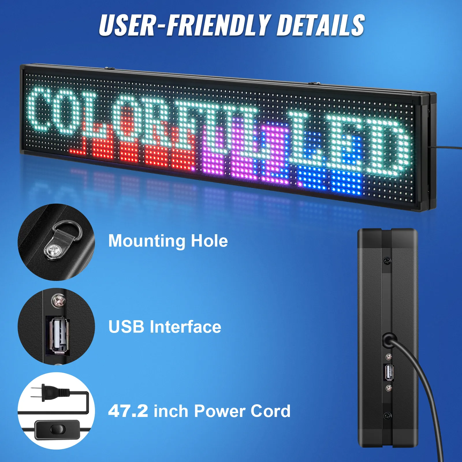 VEVOR led sign with colorful display, usb interface, mounting hole, and 47.2" power cord.