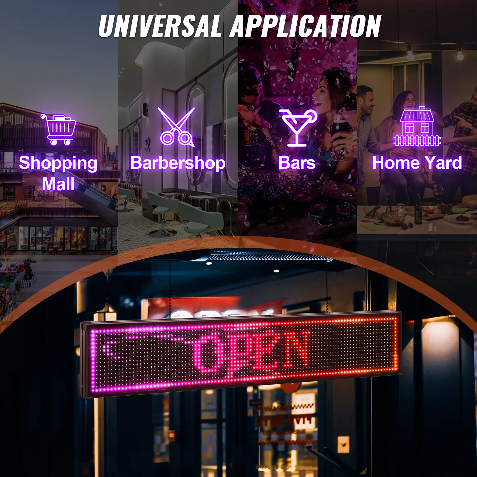 VEVOR led sign for shopping mall, barbershop, bars, and home yard with "open" display.